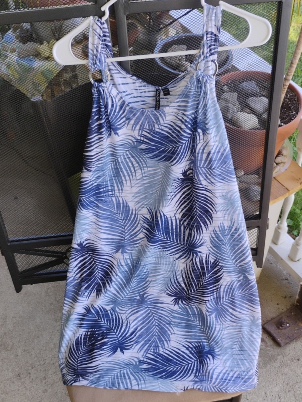 Blue Palm Leaf Ring-Shoulder Tank Dress